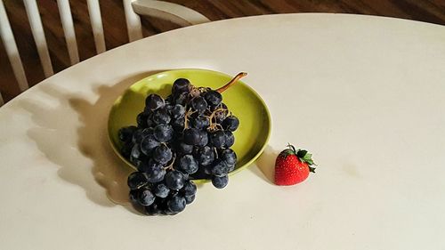 High angle view of fruits in plate on table