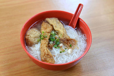 High angle view of yong tau foo soup in bowl on table