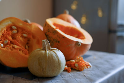 Close-up of pumpkins on table