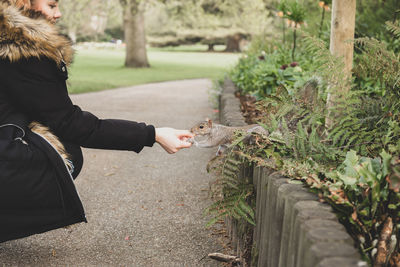 Midsection of woman holding plants in yard