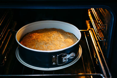 High angle view of banana bread in oven