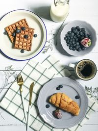 High angle view of breakfast served on table