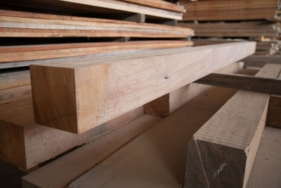 Close-up of wooden planks at carpentry workshop