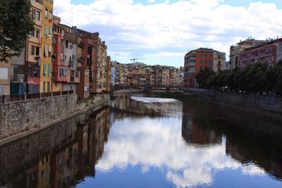 Bridge over river with buildings in background