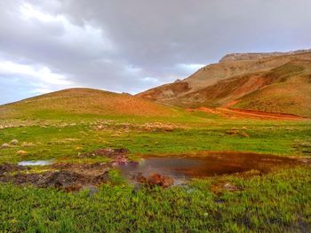Scenic view of lake and mountains against sky