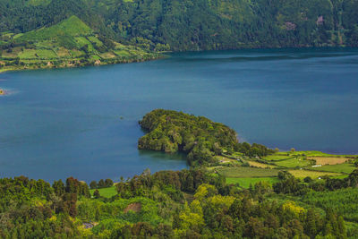 Scenic view of bay against clear sky