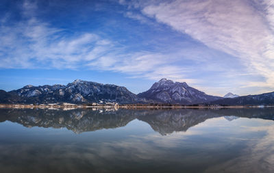 Scenic view of lake and snowcapped mountains against sky