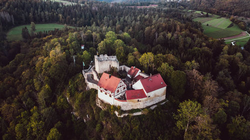 High angle view of buildings in forest