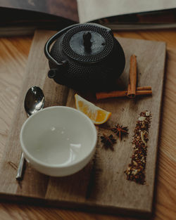 High angle view of coffee on table