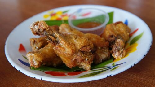 Close-up of meal served on table