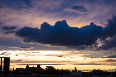 Cityscape against cloudy sky at sunset