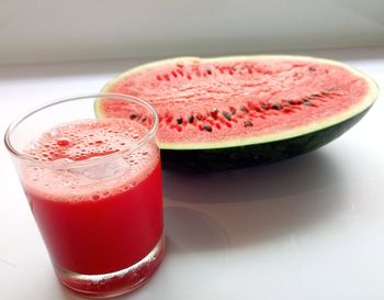 High angle view of drink in glass on table