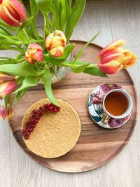 High angle view of tulips on table