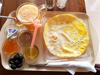 High angle view of breakfast on table