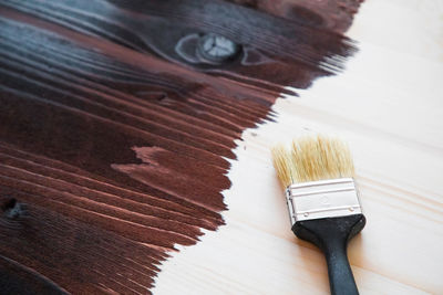 Close-up of painted wood with brush