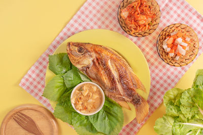 High angle view of fish on table