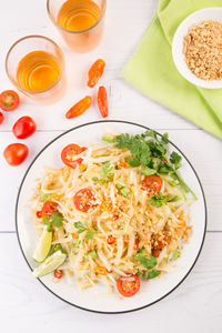 High angle view of salad in bowl on table