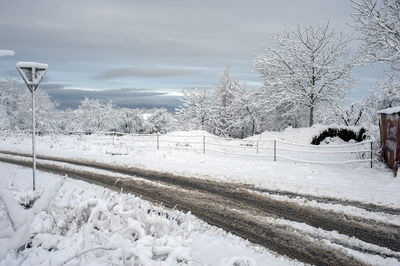 Snow covered field against sky