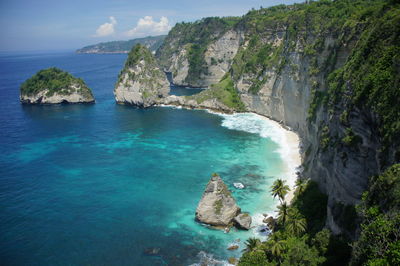 Panoramic view of sea and mountains against sky