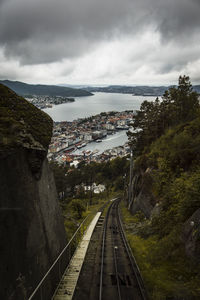 High angle view of railroad tracks against sky in city