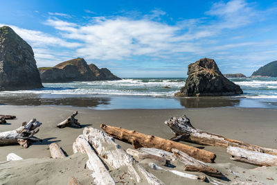 A view of meyers creek beach with waves and rock formations on the coast of oregon state.