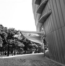 Empty road along trees and buildings