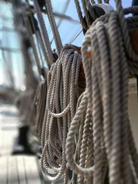 Close-up of rope on boat at harbor