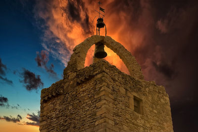 Low angle view of cross on building against sky