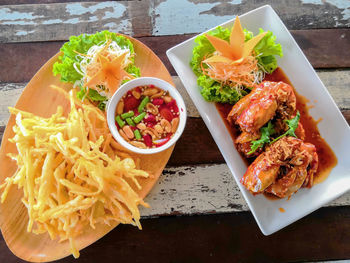 High angle view of meal served on table