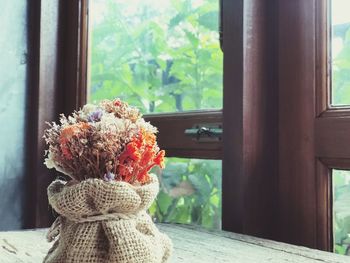 Close-up of potted plant on table by window