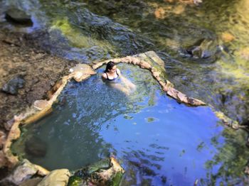 High angle view of man swimming in water