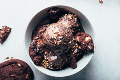 Rich and indulgent chocolate ice cream scoops with dark chocolate pieces on a plate