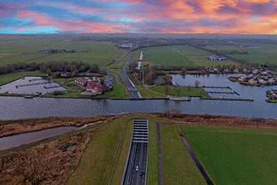 Aerial from aquaduct galamadammen in friesland the netherlands