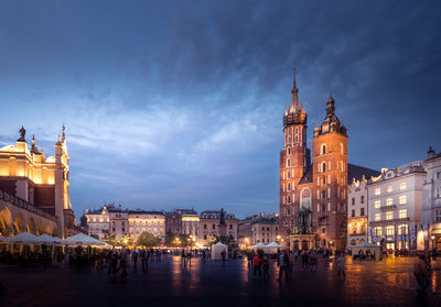 View of illuminated buildings in city