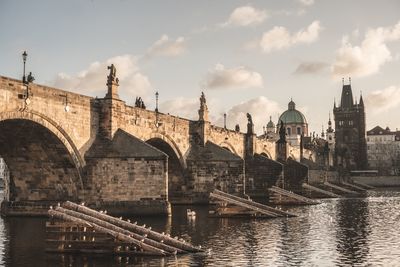 Bridge over river against buildings in city