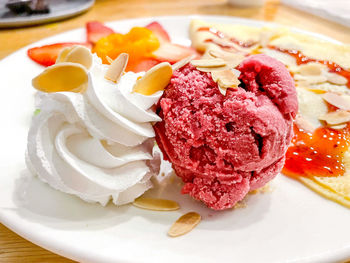 High angle view of dessert in plate on table