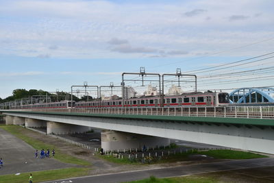 Train on bridge against sky