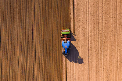 Aerial view of tractor on agricultural field