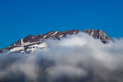 Low angle view of snowcapped mountains against blue sky