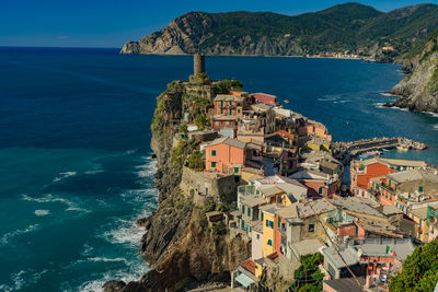 High angle view of houses in sea