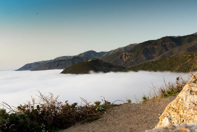 Scenic view of lake and mountains against clear sky