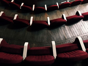 High angle view of deck chairs