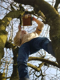 Low angle view of man standing by birdhouse on tree