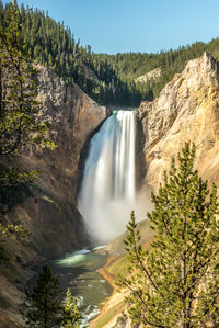 Scenic view of waterfall against sky