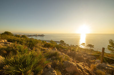 Scenic view of sea against clear sky during sunset