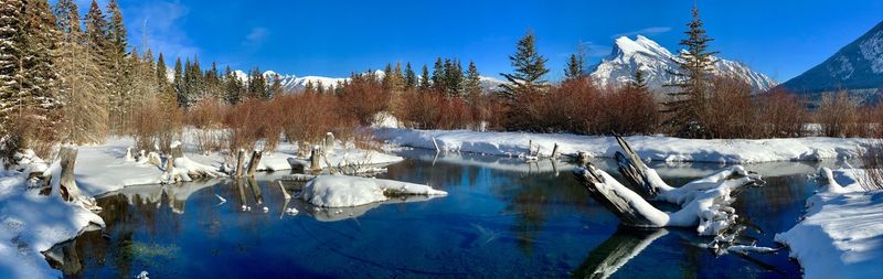 Panoramic view of frozen lake against sky during winter
