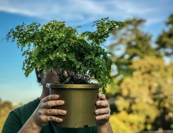 Close-up of person holding potted plant against  clouds, sky and trees.