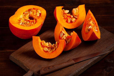 High angle view of pumpkins on table