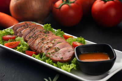 Close-up of food served on table