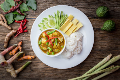 High angle view of food served on table